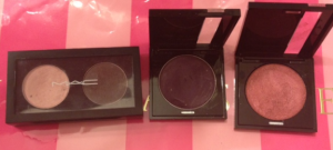 LE Mac Duo in 5. Beautiful pink and a brown mixed with a green shimmer these two make a perfect eye look. They are no longer sold. Asking price is $15 OBO Two other Eyeshadows are from Makeup Forever  and they have only been swatched. They come with the compact! Asking price is 5 each or both for 8.