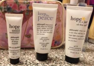 Philosophy items: Hope in a tinted moisturizer .4 oz -$4 (retails for 15 about 80 percent left) Hope in a Jar moisturizer about 95 percent left $9 (retails for 20) Keep the peace skin corrector (great for a primer!) about 30 percent left $4 (retails for 32) or take ALL for 14