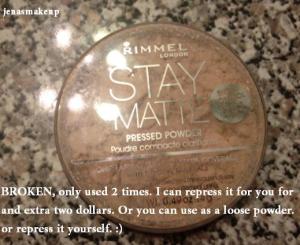 Rimmel Stay Matte Not Flat powder in creamy natural. Powder is broken and would be shipped carefully to you. Could be used as a loose powder or I can repress it back for 2 extra. Asking price is $3 